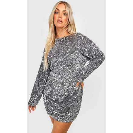 boohoo Dames Plus Sequin Batwing Shift Jurk | Silver | Maat: 22