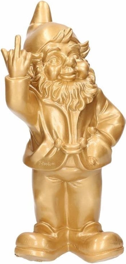 Stoobz design Tuinkabouter met middelvinger - Polystone - 30 cm - goud - buiten decoratie