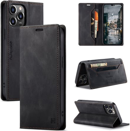 Luxe Flip Case met RFID Bescherming Kaarthouder en Magneetsluiting voor iPhone 15 Pro Max _ Zwart