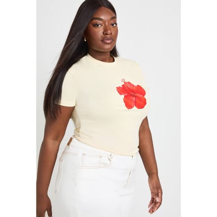 boohoo Dames Plus Bloemenprint Baby Tee | Citroen | Maat: 44