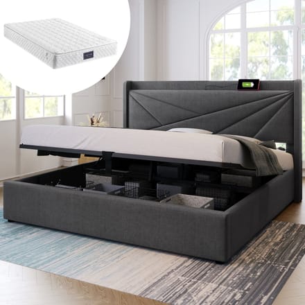 Stauraumbed – 140x200 – USB Type-C oplaadfunctie – Lederen bedframe – Met matras en lattenbodem