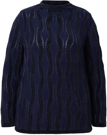 Ulla Popken - Dames - Pullover chenillemotief opstaande kraag lange mouw - Marine - Maat 46+