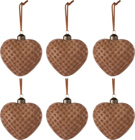 J-Line kerstbal Hart - fluweel/glas - bruin - small - doos van 6