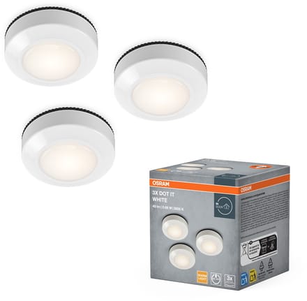 OSRAM DOT-IT 3-Pack LED Lampen, 0. 68W, 40lm, 3000K Warm Wit, Touch Aan/Uit, batterijgevoed, Wit, ABS, rond