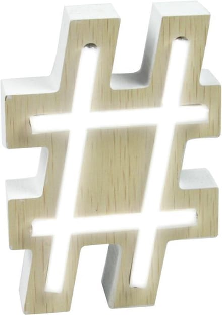 Piu Forty Wooden LED light "#" symbol with light Neon –  WHITE color – AAA battery - 10,3×15,3 cm