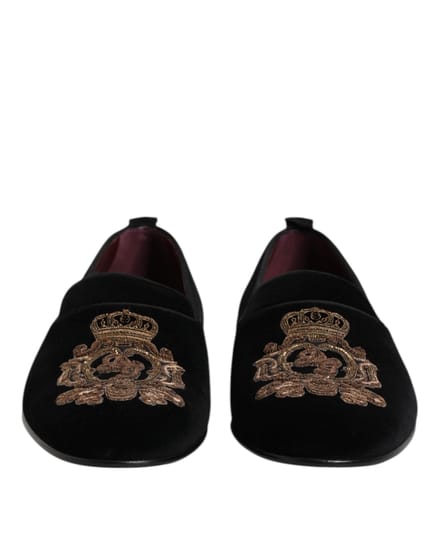 Dolce & Gabbana Zwarte Fluwelen Gouden Kroon Heren Instappers