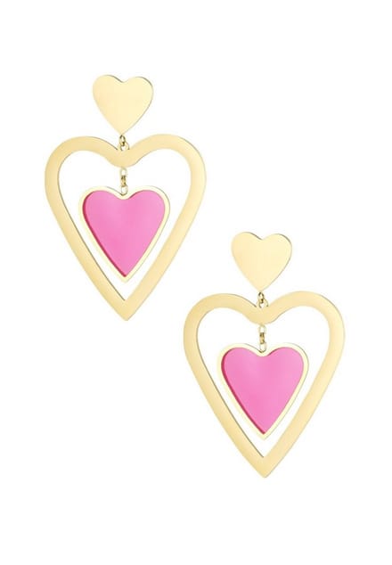 Oorbellen dubbel hart - Goud kleur/roze Stainless Steel - Emaille