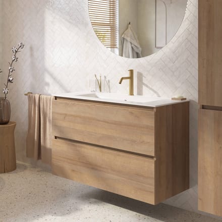 Saqu Terra badmeubel incl. glans witte keramische wastafel 100x46x66cm denver eiken