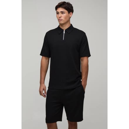 Lange Slanke Pasvorm Wafel Ritshals Polo & Shorts Set | Black | Size Small