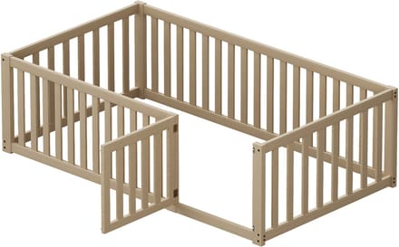 Kinderbed, 90 x 200 cm, houten bedframe, met zijhekjes en deur.