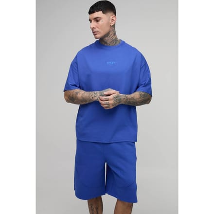 Tall Oversized Panelled Men's Geborduurd T-shirt En Short Set | Cobalt | Size Medium