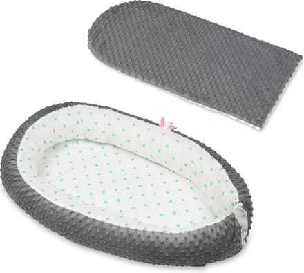 Babynestje - grijs wit - minky dot en sterren - met uitneembaar matras