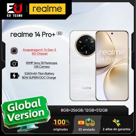Smartphone - realme 14 Pro Plus 5G Global Version Sony 3X Periscoop OIS Camera Snapdragon 7s Gen 3 80W SUPERVOOC Opladen IP69