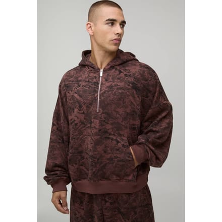 Oversized Batwing Camo Quarter Zip Through Hoodie | Chocolate | Size XS