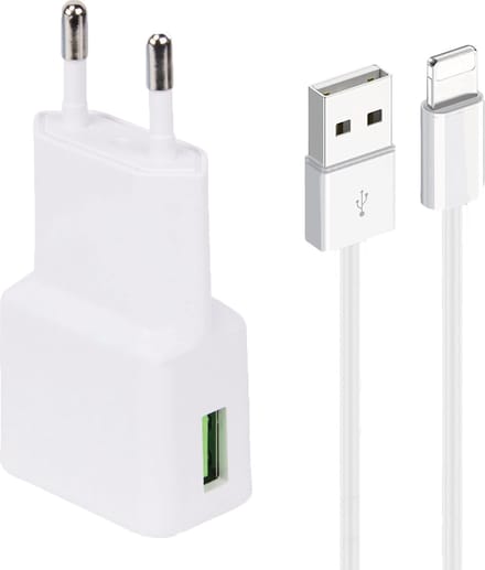 Snellaad Oplader - Snellader Geschikt voor iPhone en iPad - 2 Meter - Oplaadkabel - 15W Vermogen - Adapter USB - Incl. Lightning Kabel - Adaptive Fast Charger - Stekkerblok - Wit