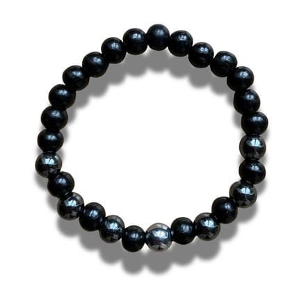 Armband - natuursteen - hout - zwart - 7 Hematite stenen - 8 mm 19 cm
