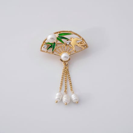 Waaierbroche Groen & Goud met Parels – Luxe Elegante Broche | Twinolo
