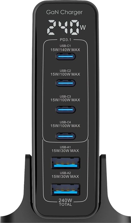 Rixus RX240 240W GaN Power Adapter With Digital Display Black
