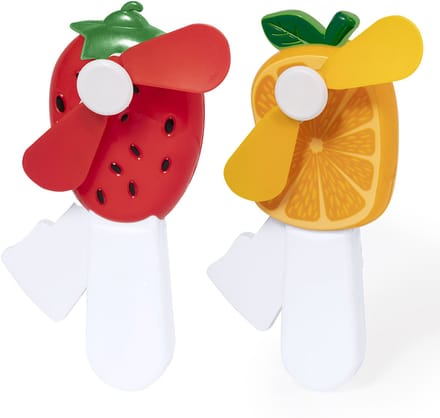 Mini ventilator/handventilator - 2x stuks - aardbei/sinaasappel - verkoeling - festival/zomer