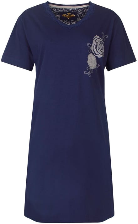 Medaillon Dames Nachthemd - Katoen - Korte Mouwen - Donker Blauw - Maat L