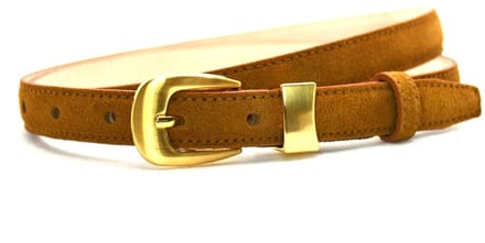 cognac suede riem - gouden gesp - 2 cm breed - maat 105 totale lengte 120 cm