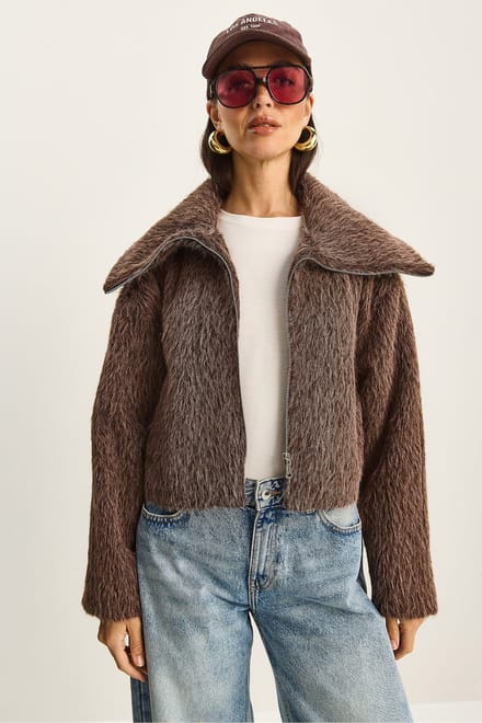 Textuurrijke Pluche Bomber met Ritsluiting