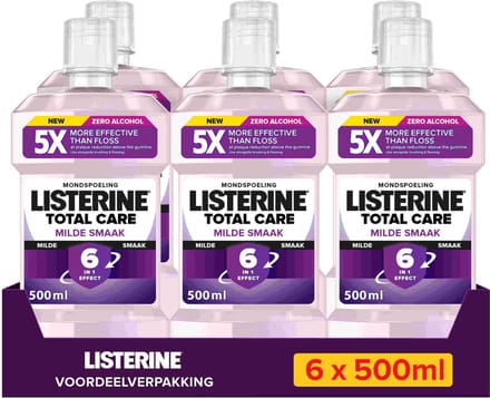 LISTERINE Total Care Extra Mild Alcoholvrij, zonder alcohol, extra milde muntsmaak, 6x500 ml