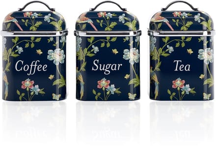 Laura Ashley Kitchen Storage Boxes Set of 3 – Stainless Steel – For Tea, Coffee & Sugar – Removable Lids – Elveden Navy