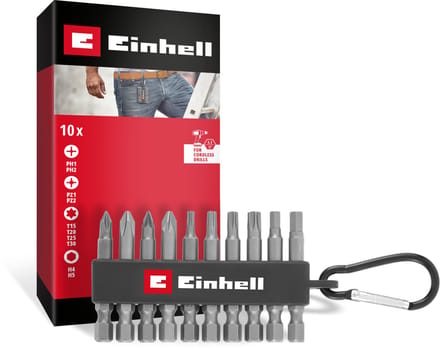 Einhell 10-delige bitset (50 mm bits PH/PZ/T/H, gezandstraald S2-staal, bithouder met karabijnhaak, E 6.3 schacht)