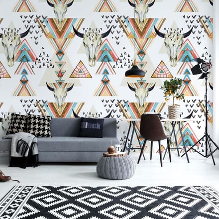 Fotobehang - Vlies Behang - Design van Driehoeken en Schedels - 416 x 290 cm