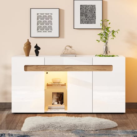 Dressoir - 140x40x70 cm - Modern met App-Bediening LED - 3 Deuren en Glas - Hoogglans - Wit