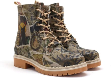 GOBY Dames Veterboots – Vintage Collage Print – Vegan Leer – Handgemaakt- Maat 38