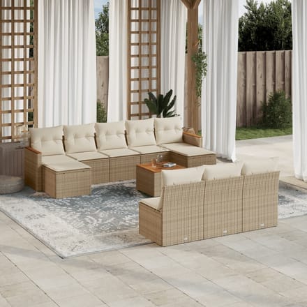 vidaXL - 11-delige - Tuinset - met - kussens - poly - rattan - beige
