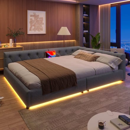 Sweiko Slaapbank - 140x200 cm - LED-verlichting - Gestoffeerd bed - USB+Type-C - Linnen - Grijs