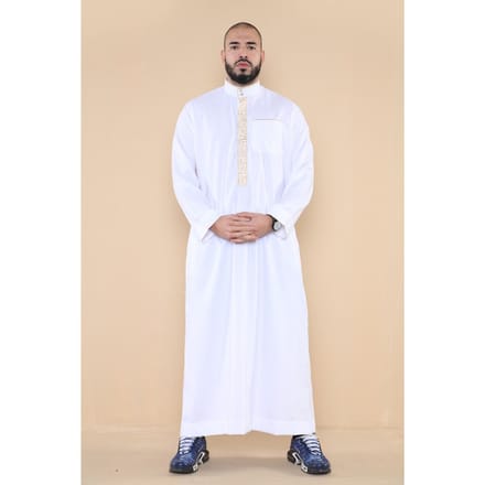 Mens witte Thobe Jubba Emirati islamitische Arabische Eid borduurwerk Kaftan Jubbah gewaad
