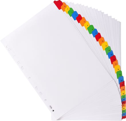 Exacompta 10x Tabbladen karton 160g - geplastificeerde, gekleurde tabs - 31 tabs - 1 tot 31 - A4 - Wit - 1131E