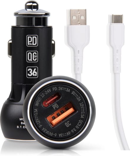 Autolader 2 Poorten + usb C Laadkabel - Oplader Auto - Snellader usb C + usb-A Poort