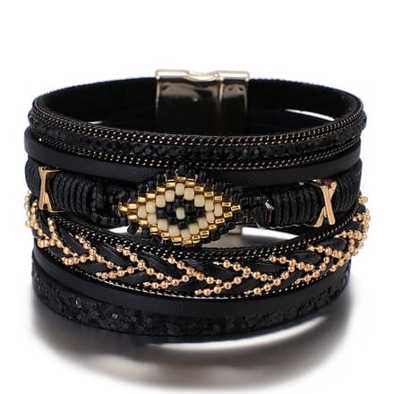 Sorprese armband - Boho style - dames armband - zwart - leer - 19,5 cm - cadeau - Model D - Sinterklaas - Kerst - Cadeau
