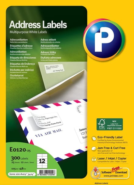 Printec Adresetiketten - 25 vel - 105x48mm - 12 labels per A4 - 300 stickers per doos