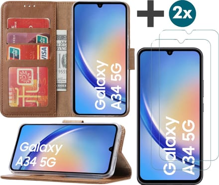 Samsung Galaxy A34 (5G) hoesje - bookcase met pasjeshouder + 2x Screenprotector tempered glass - Bruin