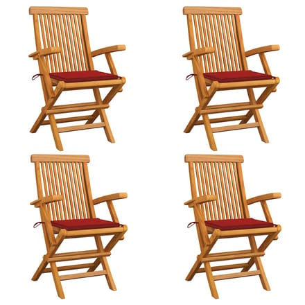 vidaXL - Klapstoelen - met - rode - kussens, - 4 - stuks, - massief - teakhout