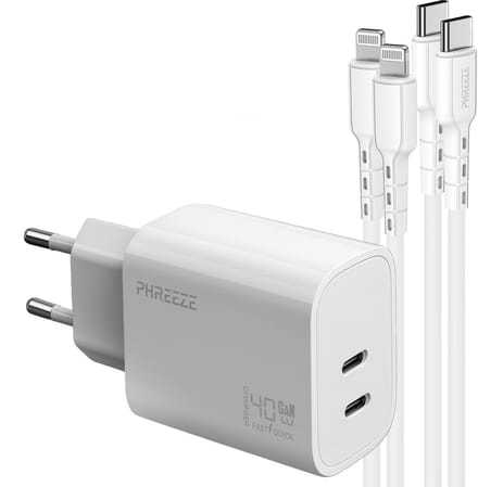 Phreeze snellader geschikt voor iPhone 14 13 12 11 X 8 7 iPad 7 8 9 - Met 2x Lightning naar usb C kabels - 1m