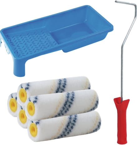 Sorex Verfrollers set - beugel - doseer verfbak - 5x anti spat rollers - 10cm breed - schilderen - pluisvrij