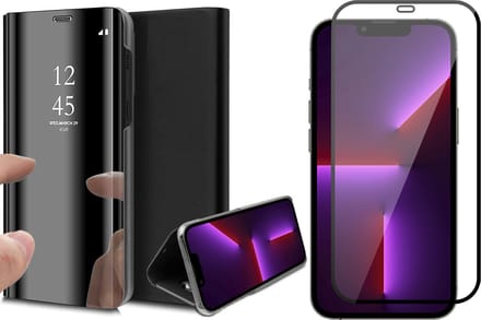 iPhone 13 Pro Max Hoesje en Full Screenprotector - Spiegel Book Case - Zwart