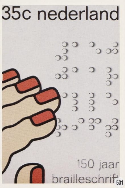 Briefkaart met afbeelding 150 jaar Brailleschrift postzegel