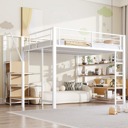 Hoogslaper - 140x200 cm - met Veiligheidstrap, Kledingkast en Opbergplanken - Wit