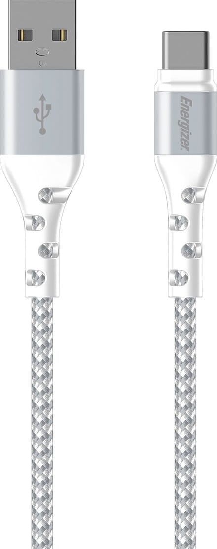 ENERGIZER, USB-A naar USB-C Kabel - Gevlochten Nylon - Knoopvrij - Data & Opladen - 2m, Wit