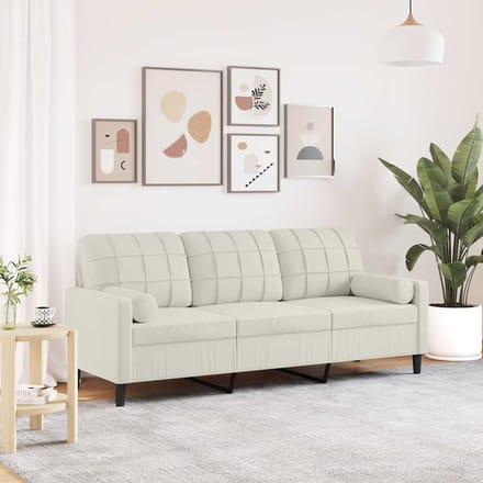 vidaXL - Driezitsbank - met - sierkussens - 180 - cm - fluweel - crèmekleurig
