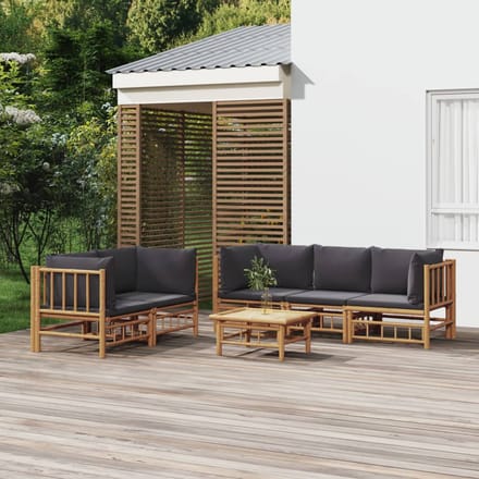 vidaXL - 6-delige - Loungeset - met - kussens - bamboe - donkergrijs
