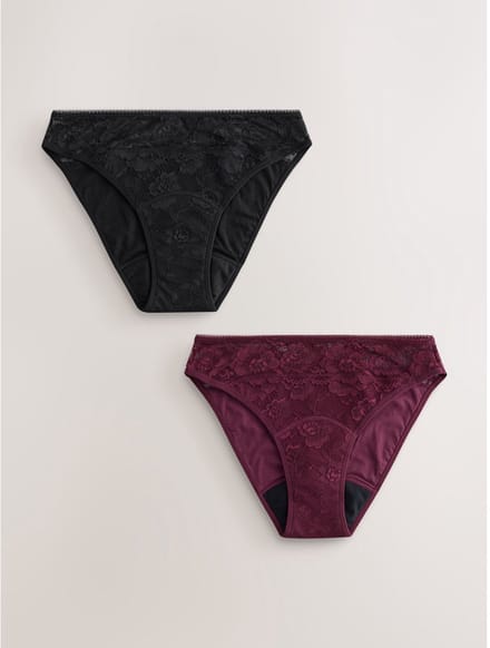 Next - Dames - Set van 2 hoog uitgesneden menstruatieslips van kant voor gemiddelde menstruatie met - Zwart